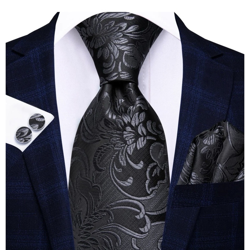 Hi-Tie Men's Black Floral Silk Tie Set with Hanky & Cufflinks Wedding Business